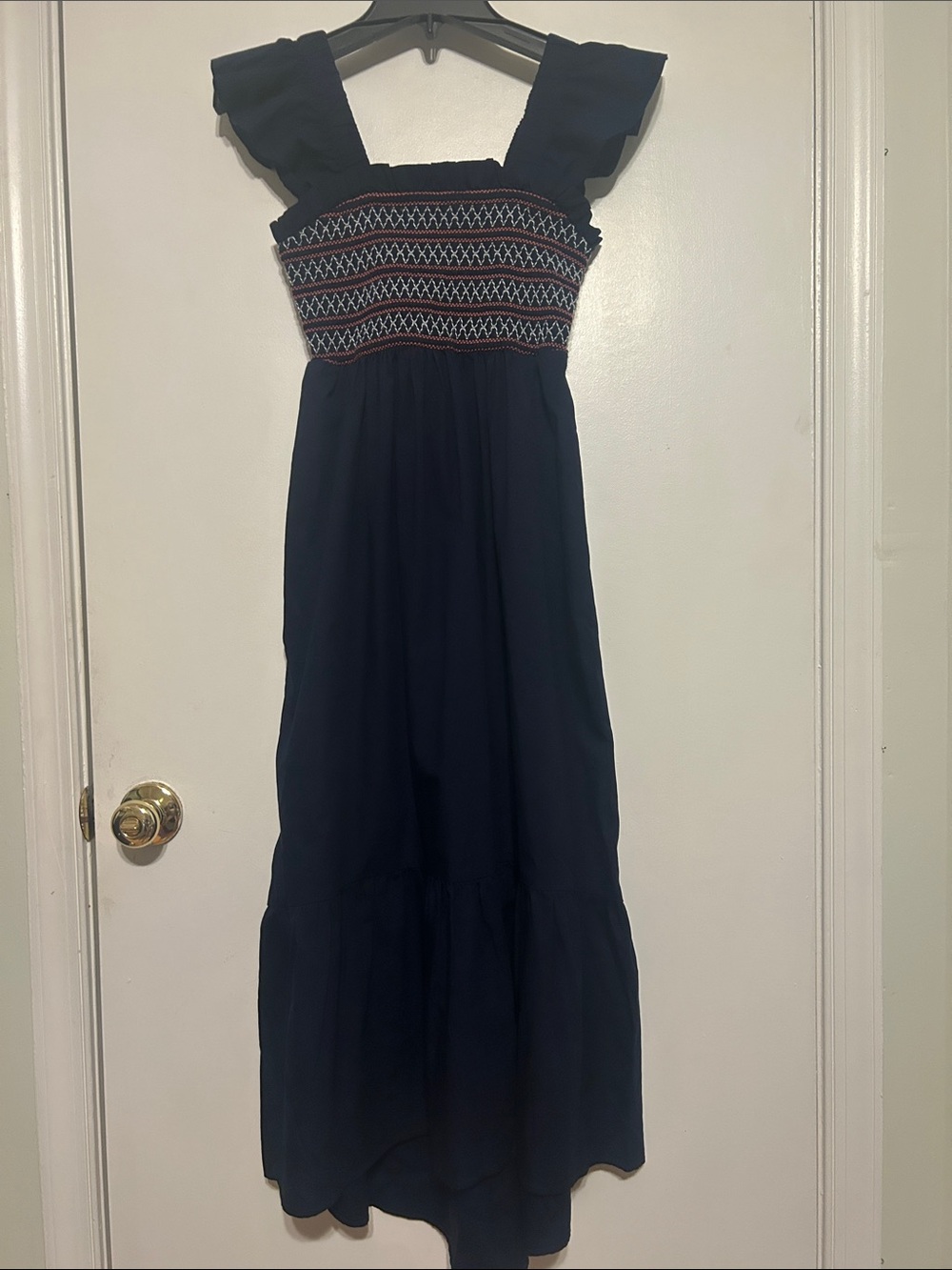 crown & ivy Navy Maxi Dress with Smocked Bodice and Ruffled Straps